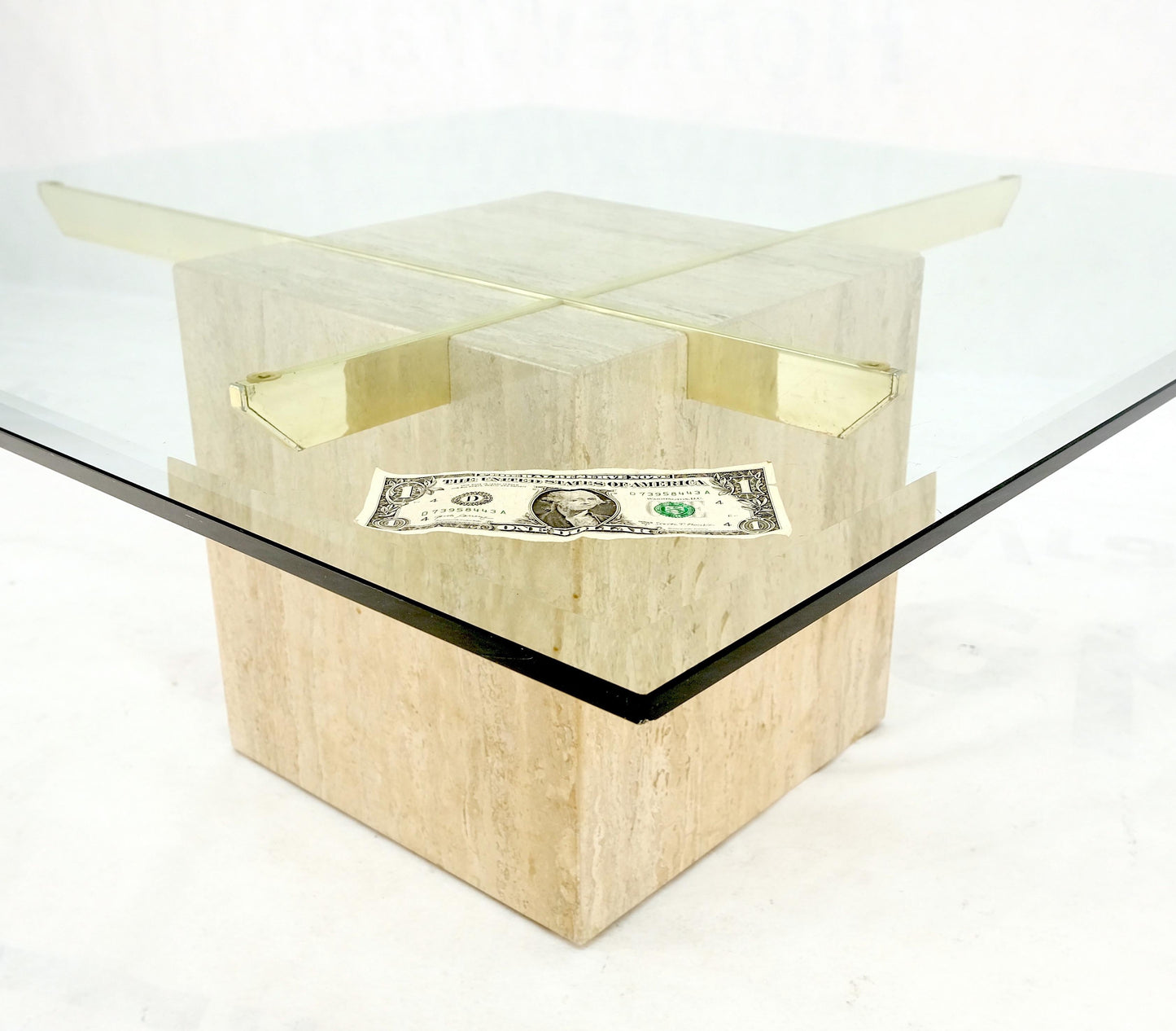 Brass Travertine Base Glass Top Square Mid-Century Modern Coffee Center Table