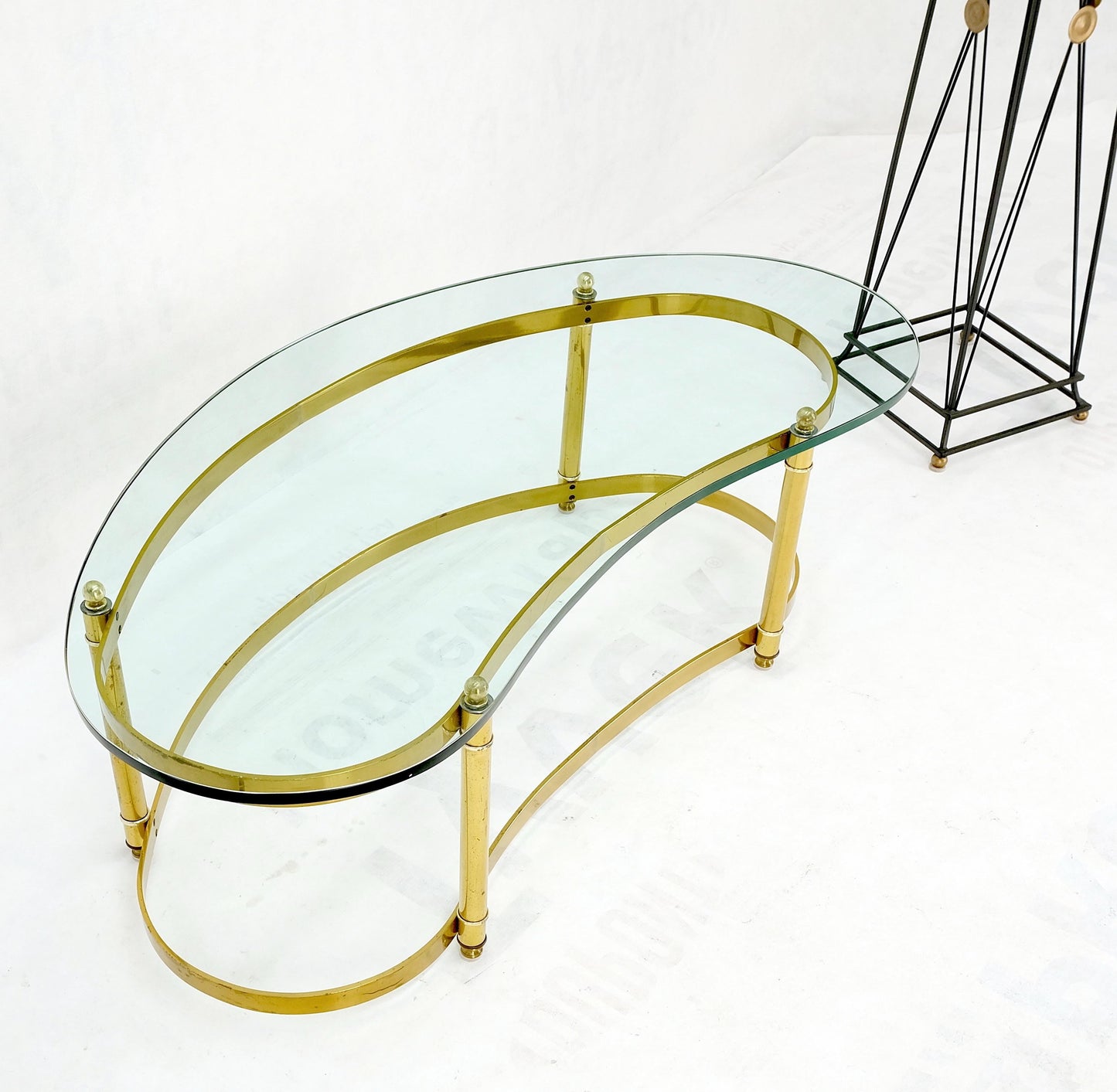 Thick Glass Kidney Shape Brass Base Mid-Century Modern Coffee Table