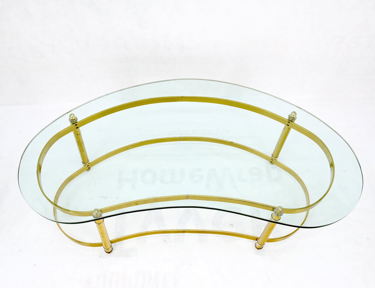 Thick Glass Kidney Shape Brass Base Mid-Century Modern Coffee Table