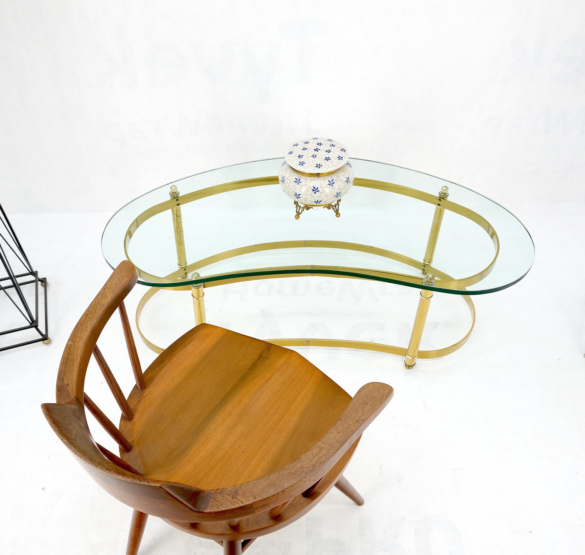 Thick Glass Kidney Shape Brass Base Mid-Century Modern Coffee Table