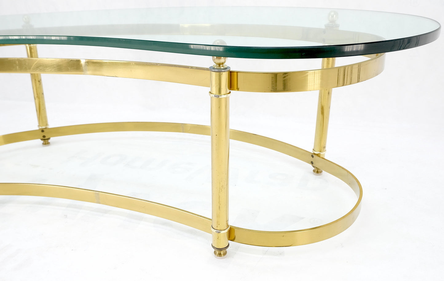 Thick Glass Kidney Shape Brass Base Mid-Century Modern Coffee Table