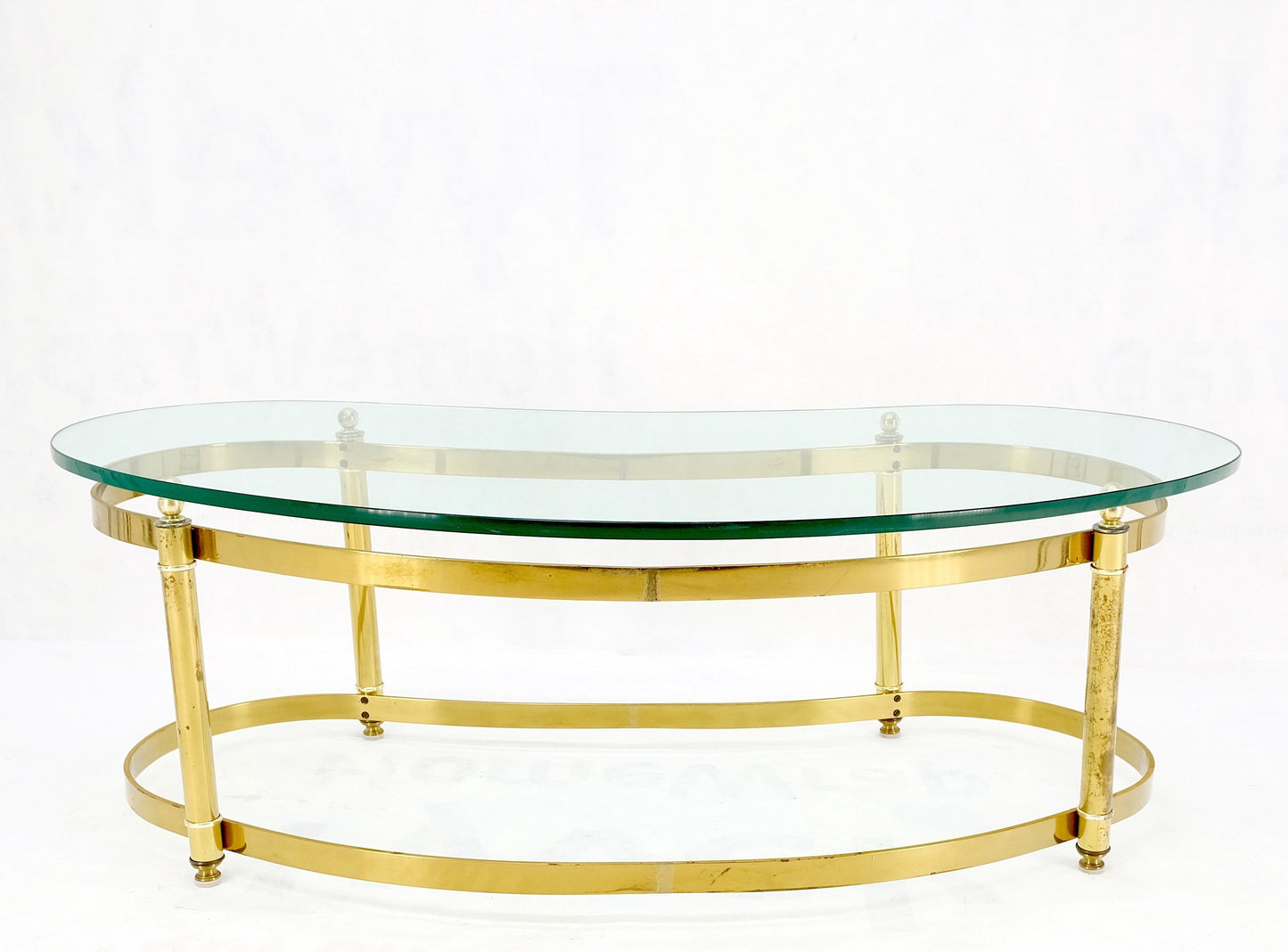 Thick Glass Kidney Shape Brass Base Mid-Century Modern Coffee Table