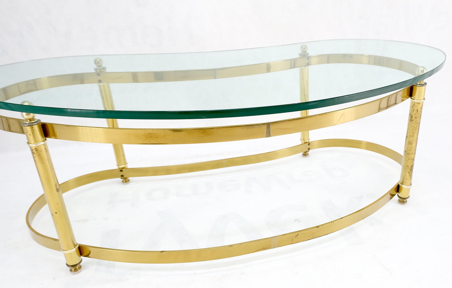 Thick Glass Kidney Shape Brass Base Mid-Century Modern Coffee Table