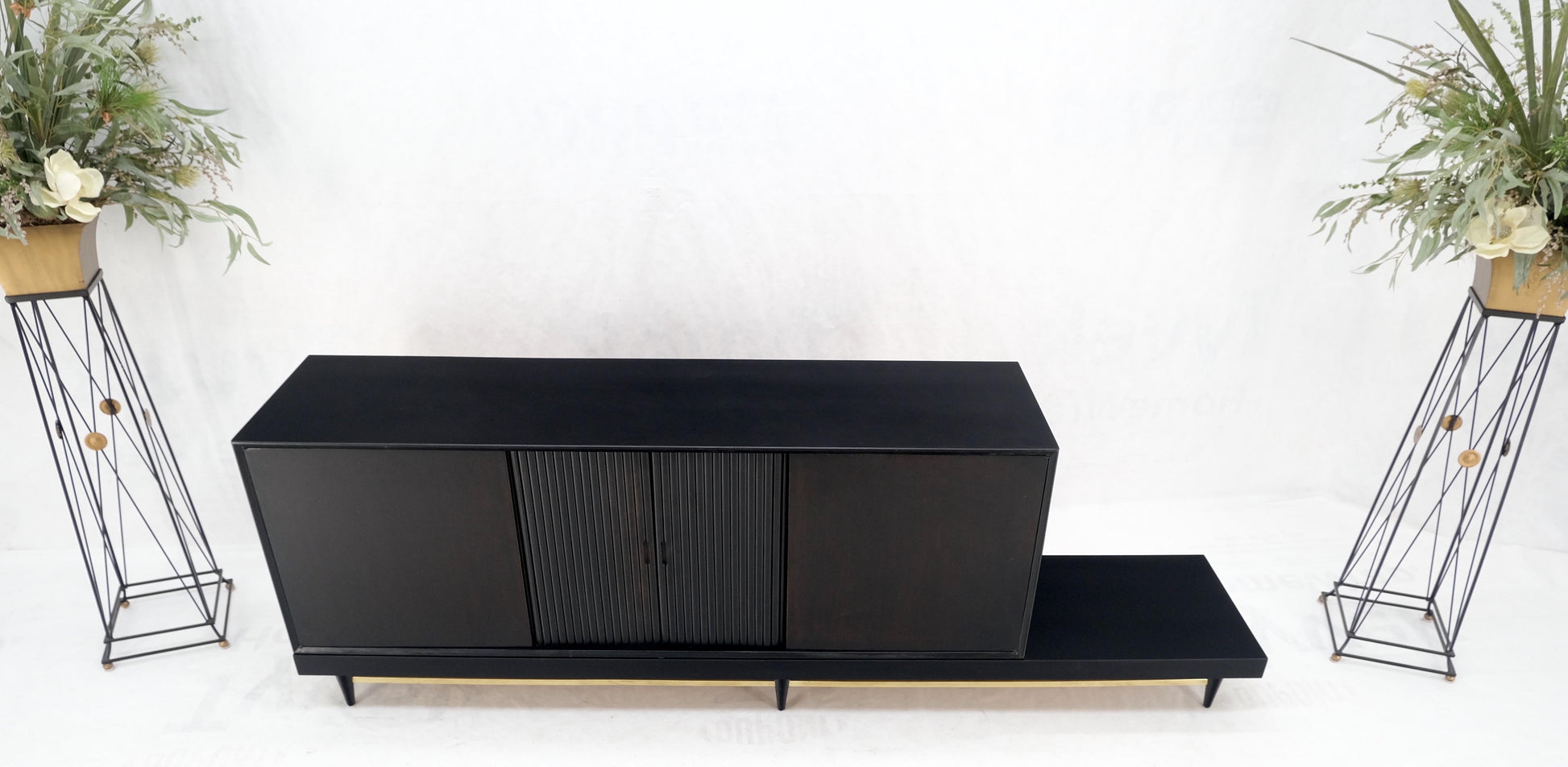 Black Lacquer Ebonized Tambour Doors Credenza Dresser on Platform Brass Base