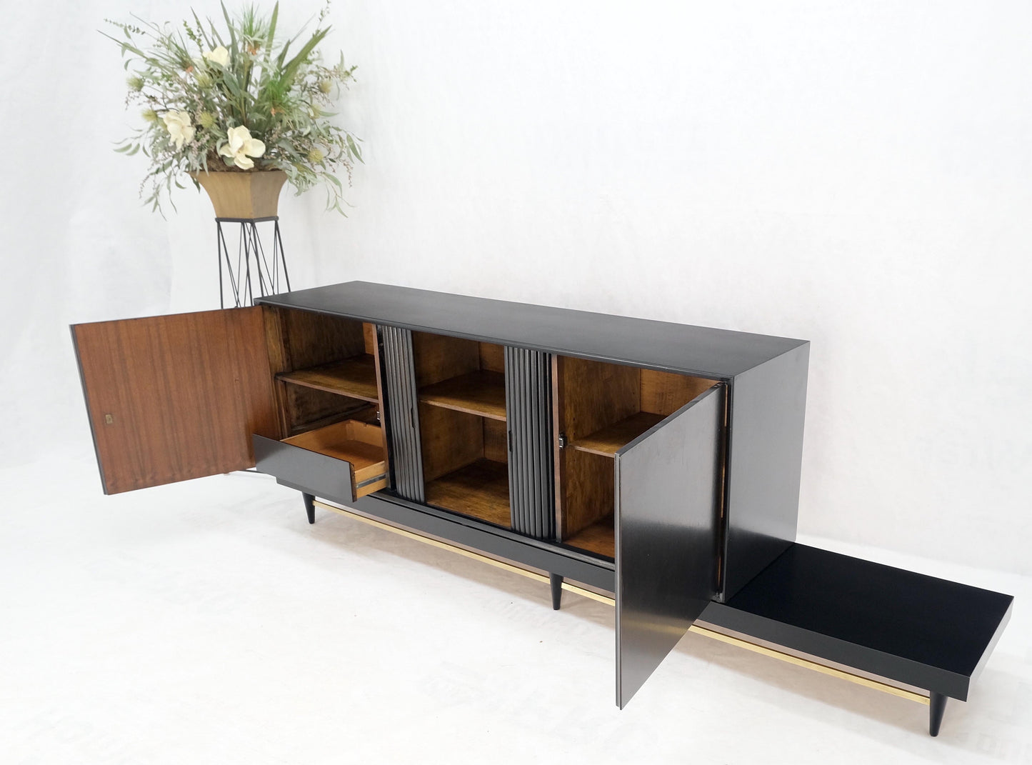 Black Lacquer Ebonized Tambour Doors Credenza Dresser on Platform Brass Base