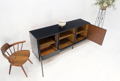 Black Lacquer Ebonized Tambour Doors Credenza Dresser on Platform Brass Base