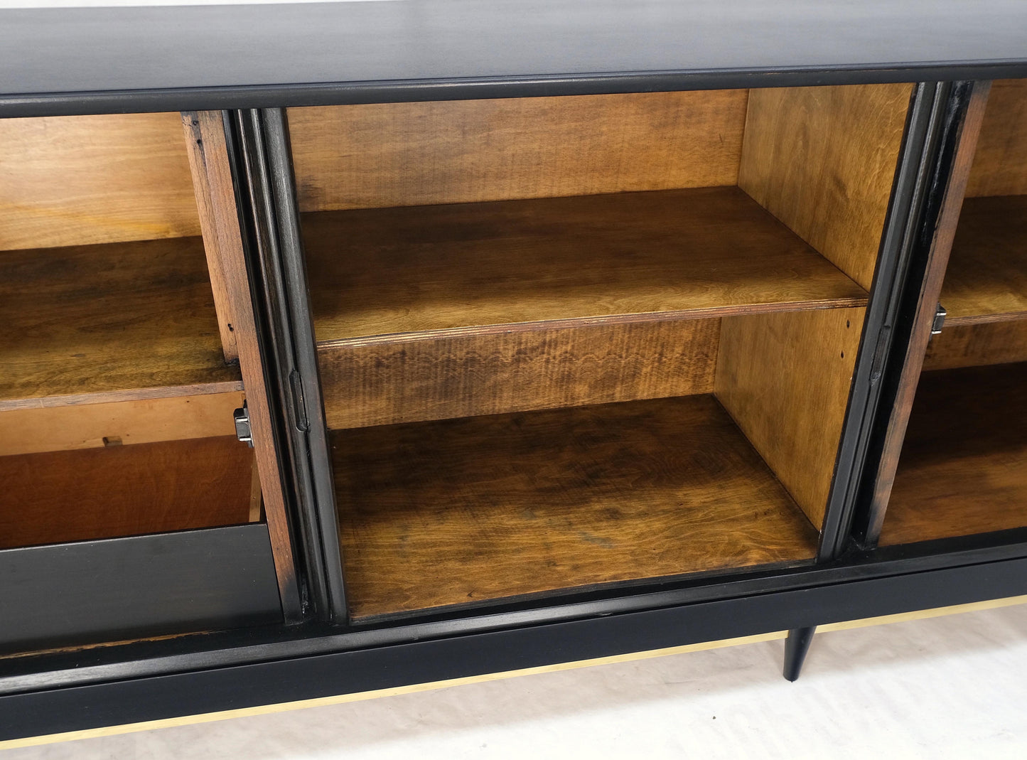 Black Lacquer Ebonized Tambour Doors Credenza Dresser on Platform Brass Base