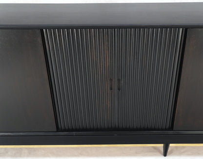 Black Lacquer Ebonized Tambour Doors Credenza Dresser on Platform Brass Base