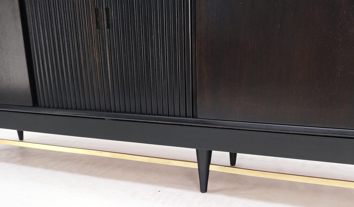 Black Lacquer Ebonized Tambour Doors Credenza Dresser on Platform Brass Base