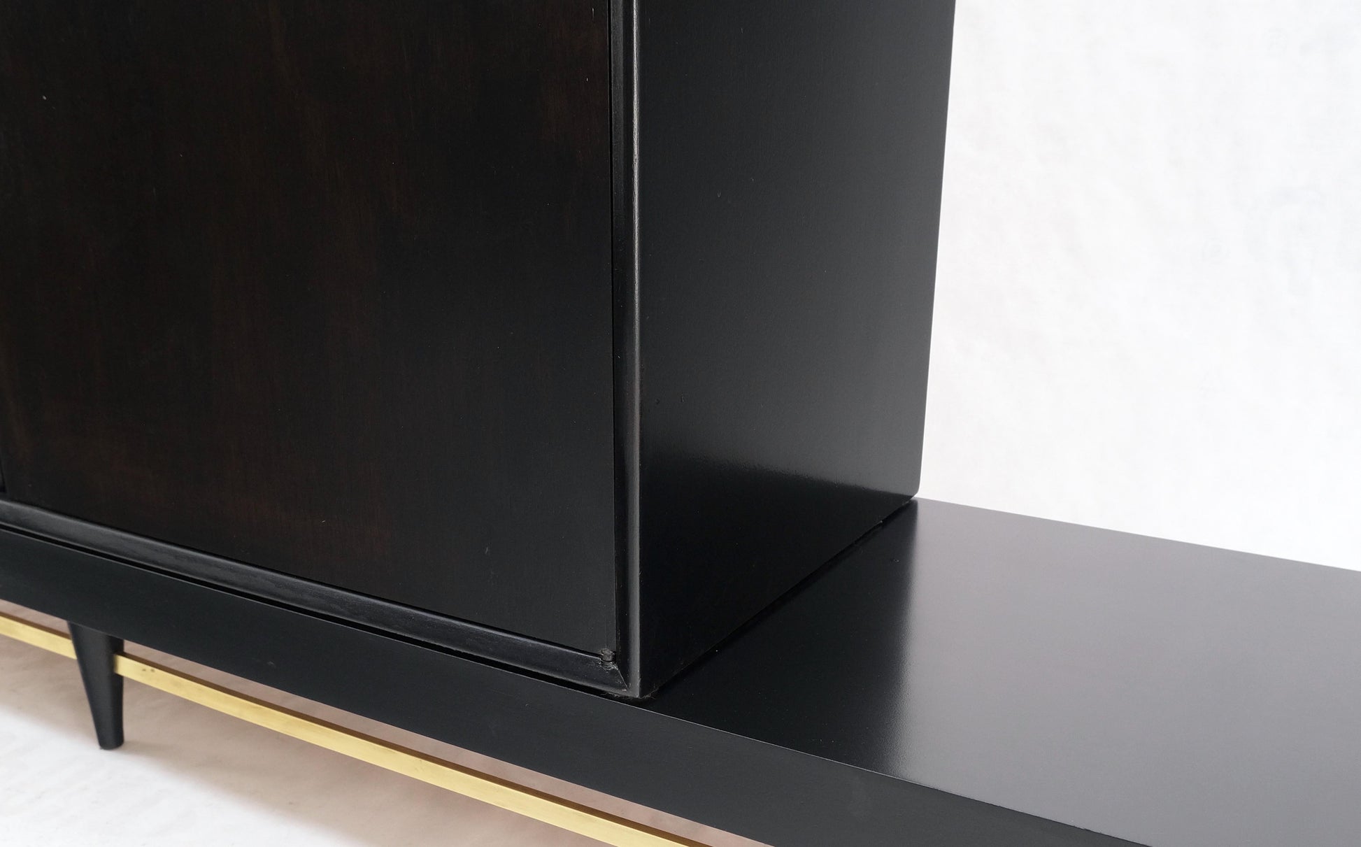 Black Lacquer Ebonized Tambour Doors Credenza Dresser on Platform Brass Base