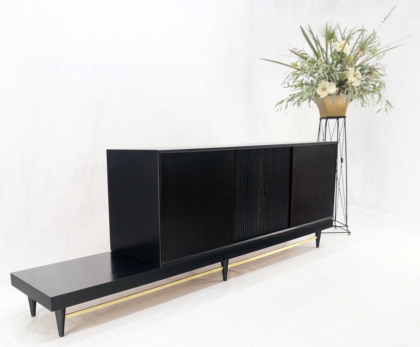 Black Lacquer Ebonized Tambour Doors Credenza Dresser on Platform Brass Base