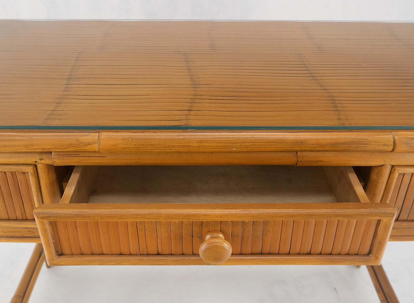 Light Amber Bamboo Glass Top One Drawer Low Profile Compact Desk w/ Chair MINT