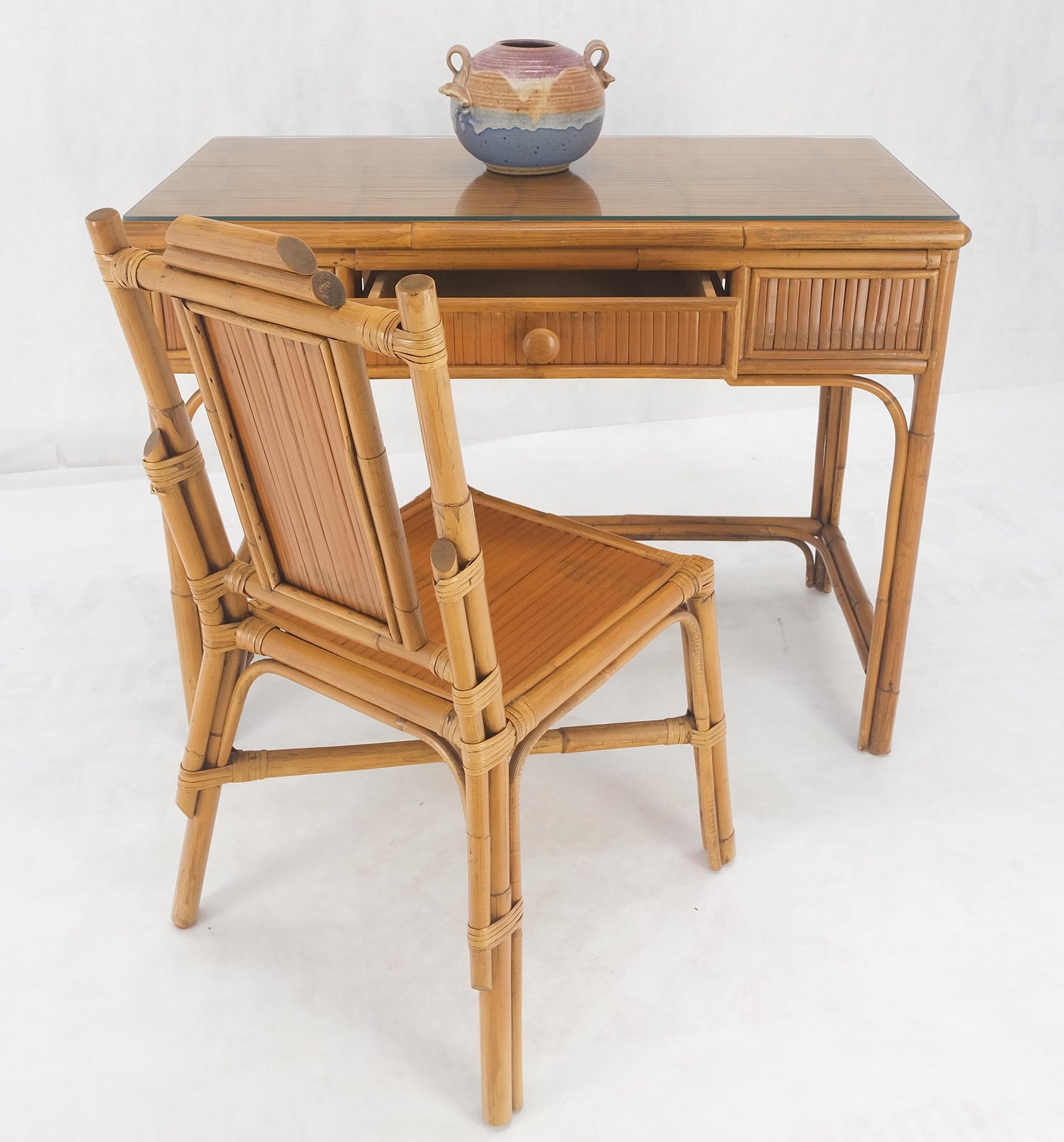 Light Amber Bamboo Glass Top One Drawer Low Profile Compact Desk w/ Chair MINT