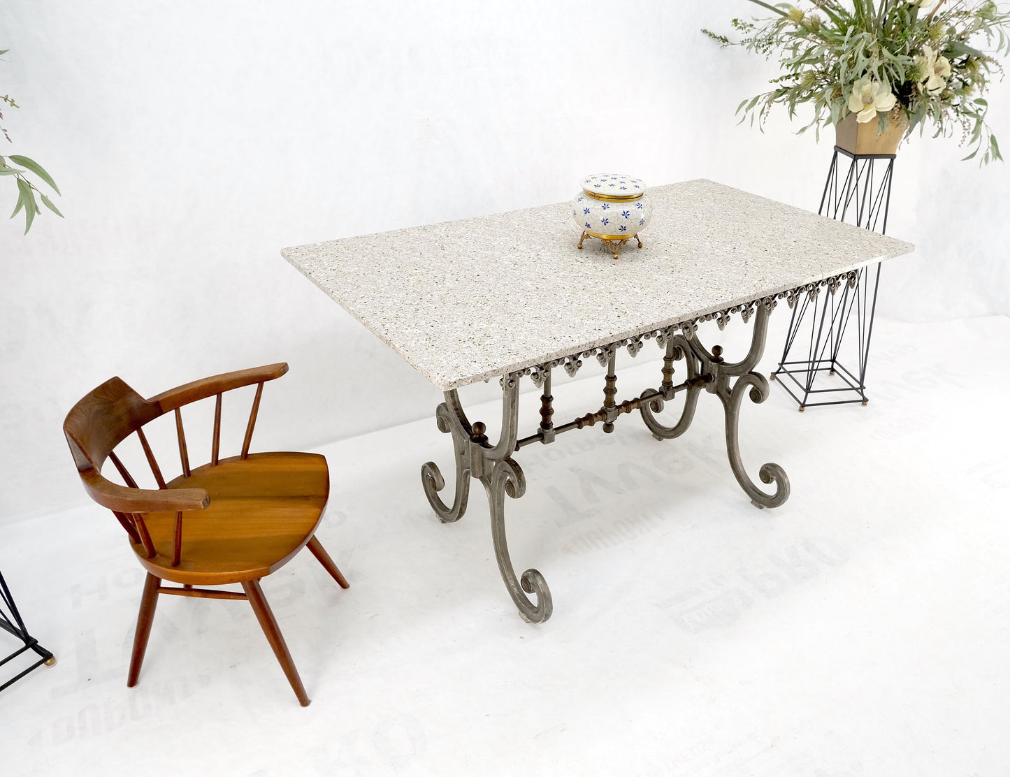 Countertop High 36"H Cast Iron Base Beige Granite Top Dinning Serving Table