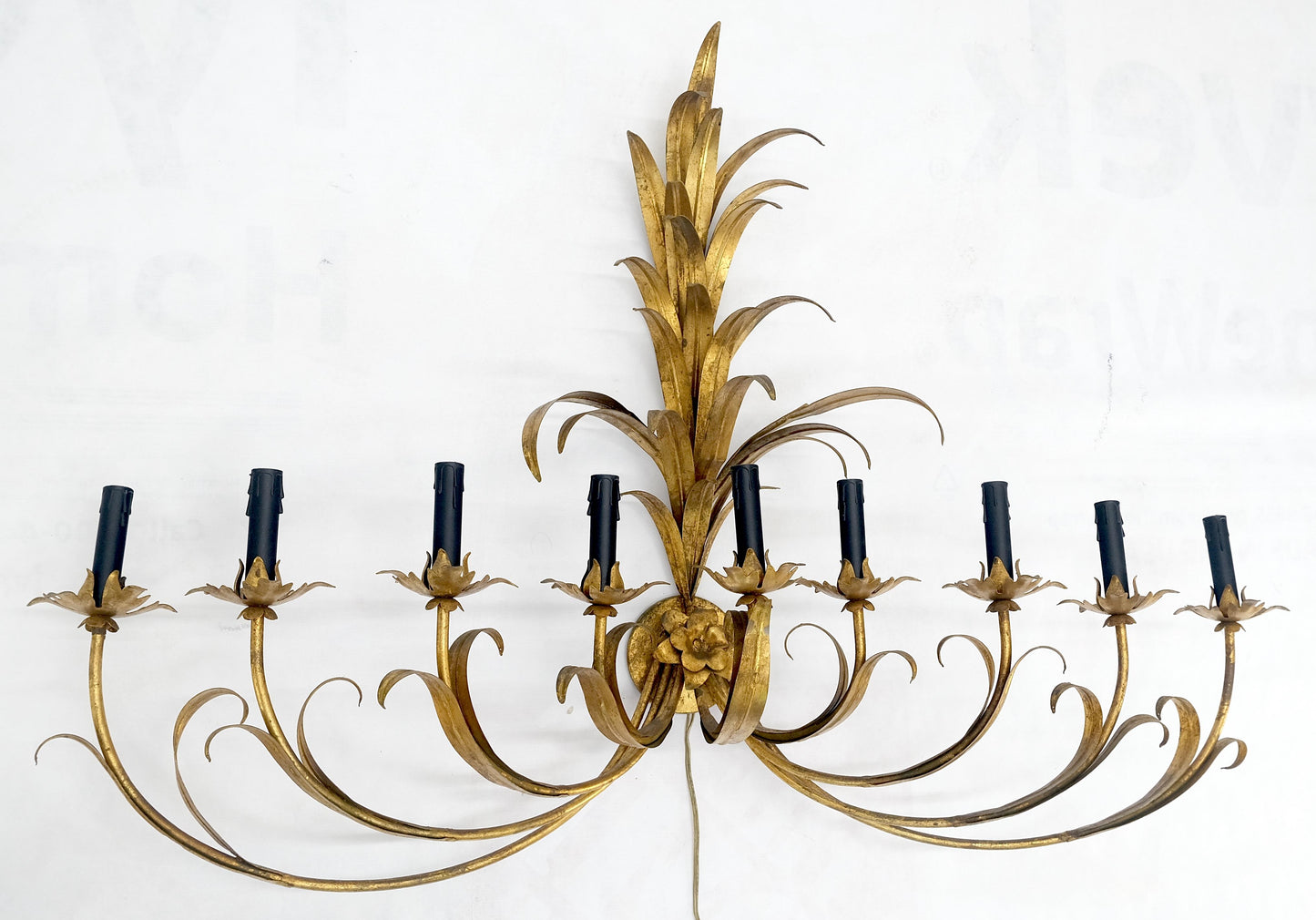 9 "Candles" Light Gilt Metal Sheaf of Leaves Motive Italian Wall Sconce MINT!