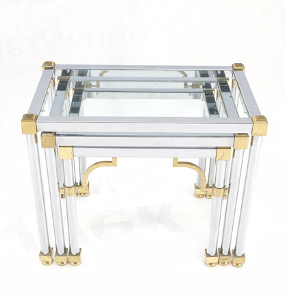 Set of 3 Chrome & Brass Glass Tops End Nesting Side Lamp Tables MINT