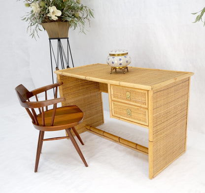 Mid-Century Modern Bamboo Rattan Cane Two Drawers Brass Pulls Decorative Desk