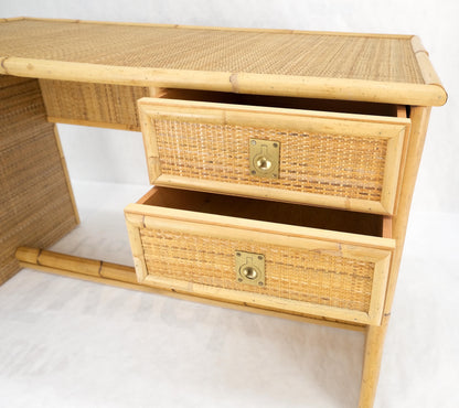 Mid-Century Modern Bamboo Rattan Cane Two Drawers Brass Pulls Decorative Desk