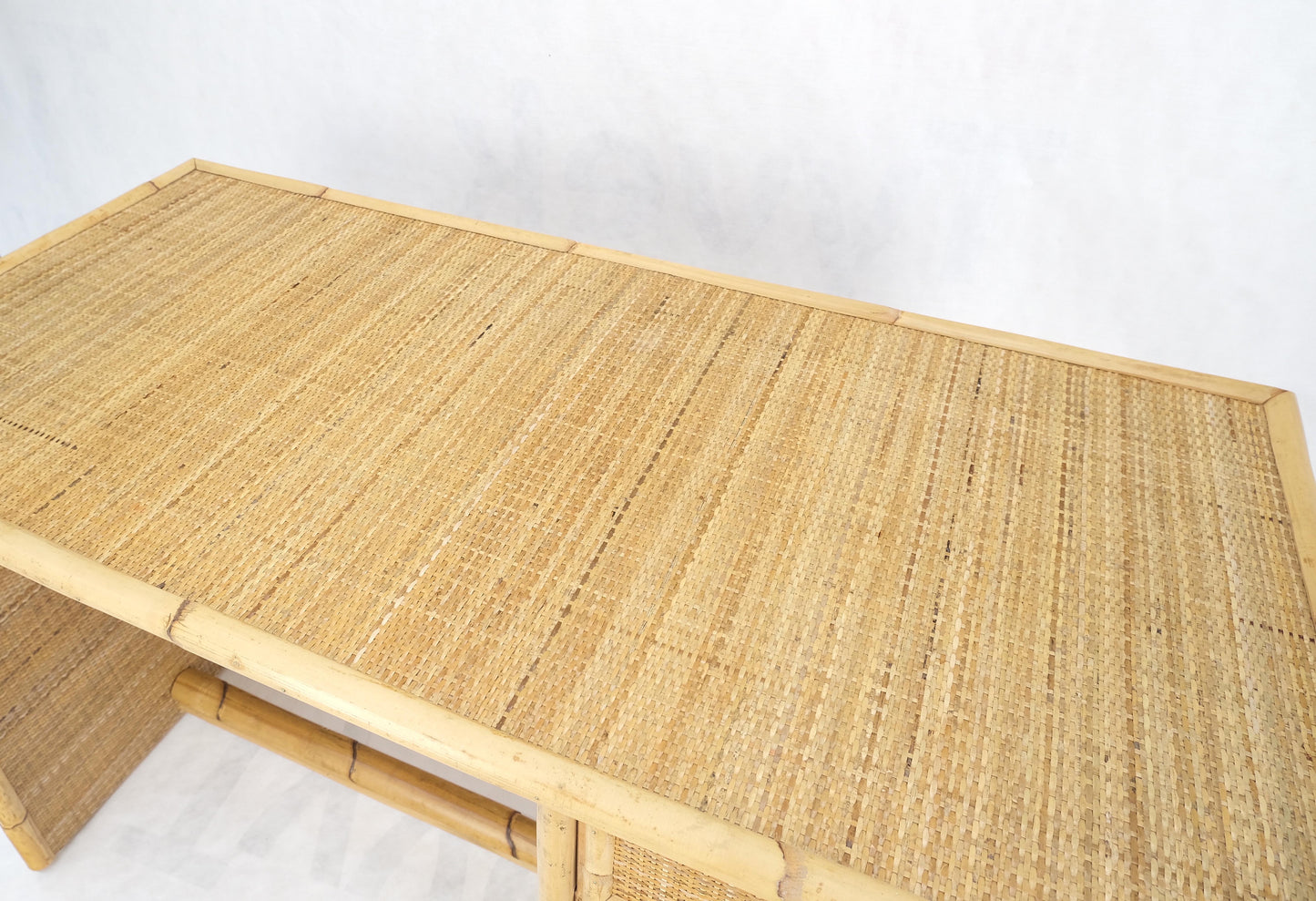 Mid-Century Modern Bamboo Rattan Cane Two Drawers Brass Pulls Decorative Desk