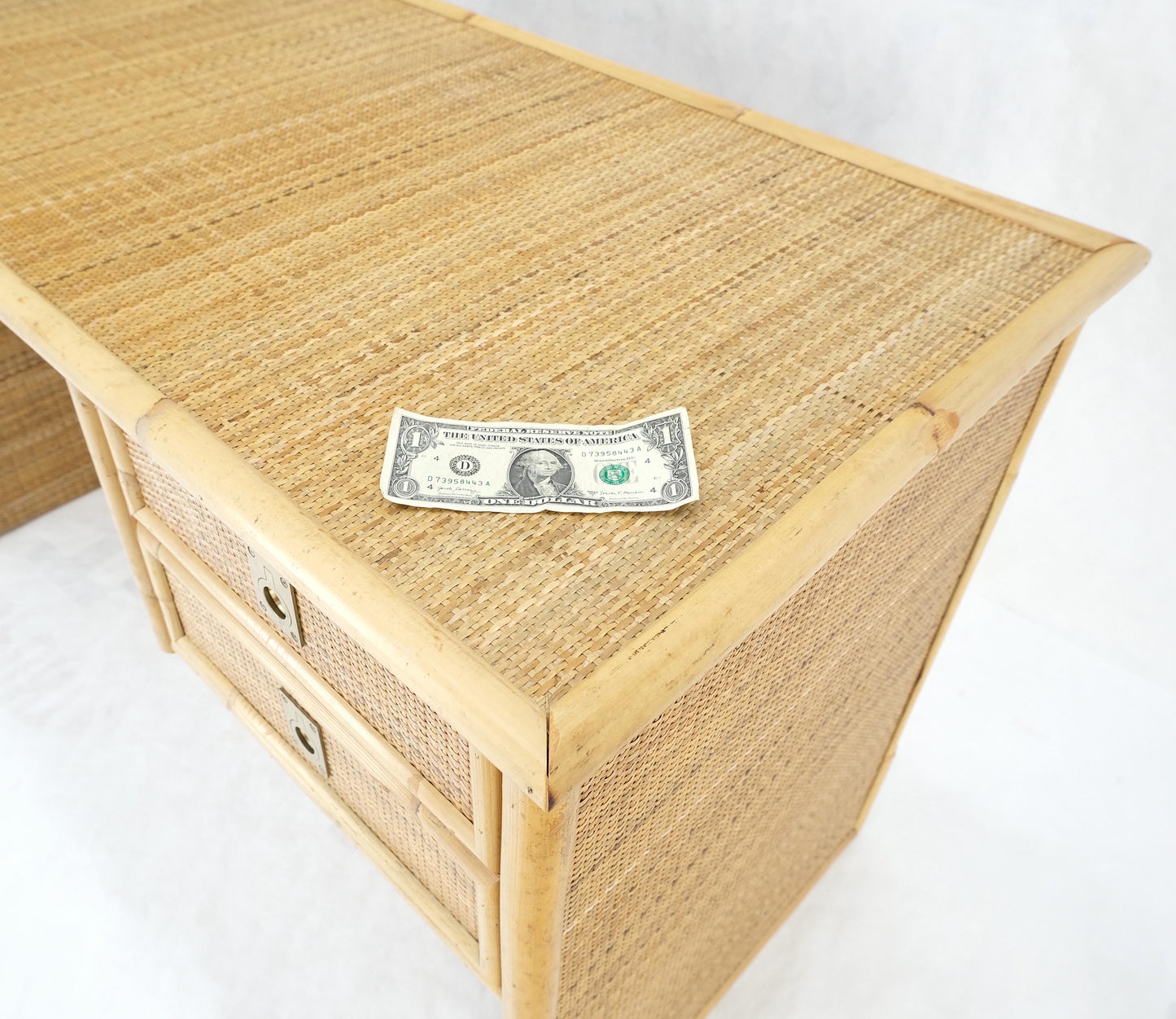 Mid-Century Modern Bamboo Rattan Cane Two Drawers Brass Pulls Decorative Desk