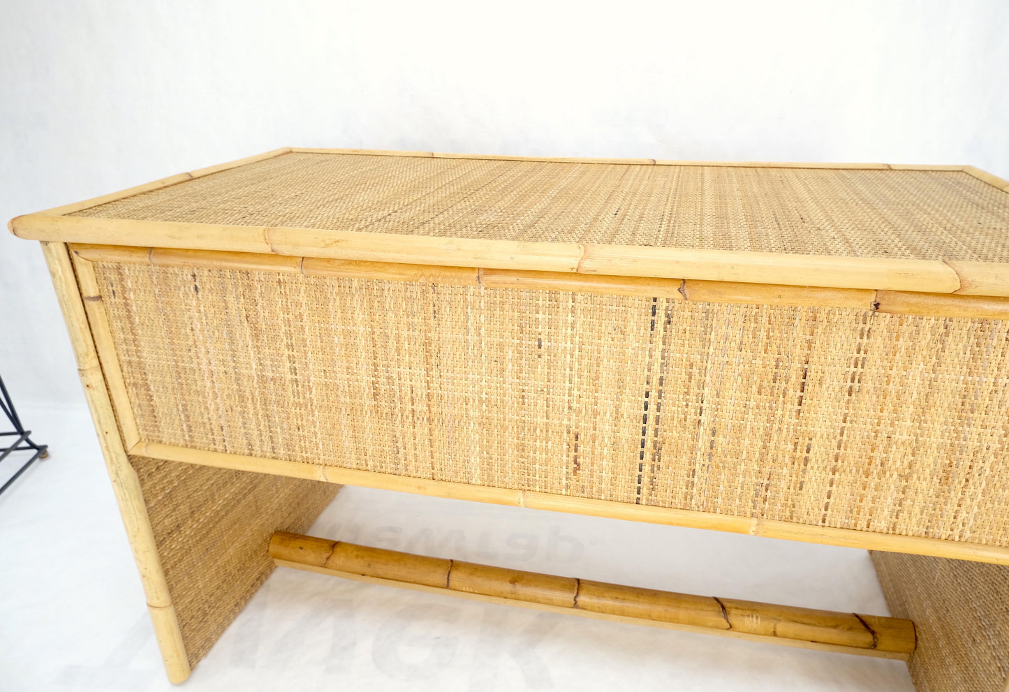 Mid-Century Modern Bamboo Rattan Cane Two Drawers Brass Pulls Decorative Desk