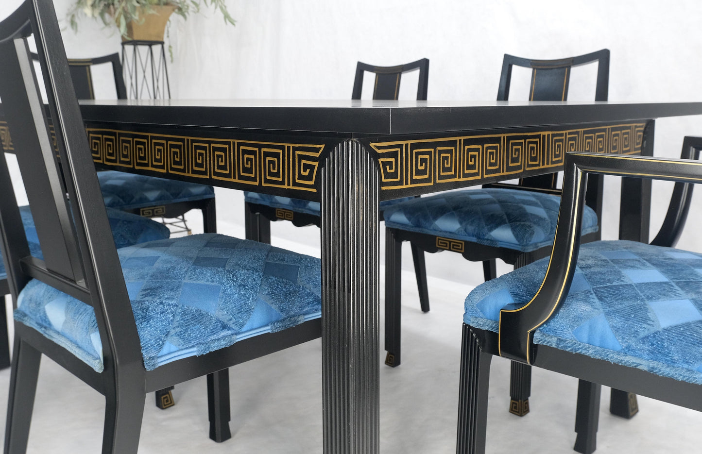 Black Lacquer Gold Ornament Decorated 6 Chairs 2 Leaves Dining Table Set MINT!