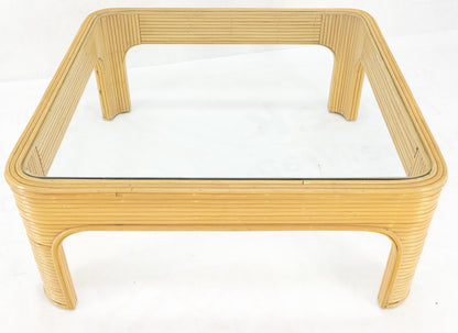 Blond Rattan Bamboo Rounded Corners Square Glass Top Coffee Table 1970's Frankl