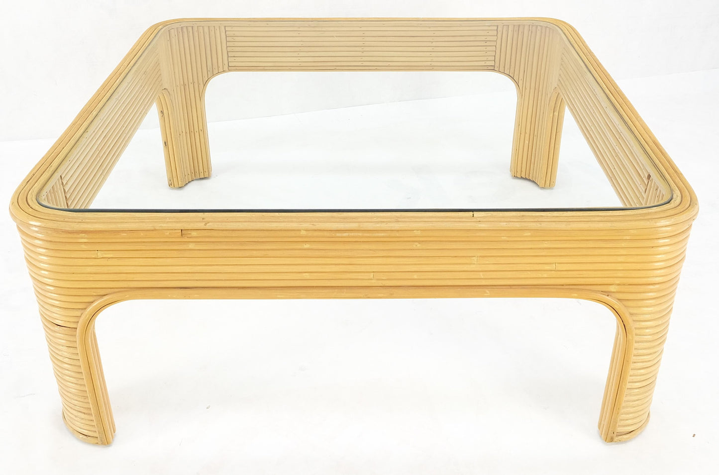 Blond Rattan Bamboo Rounded Corners Square Glass Top Coffee Table 1970's Frankl