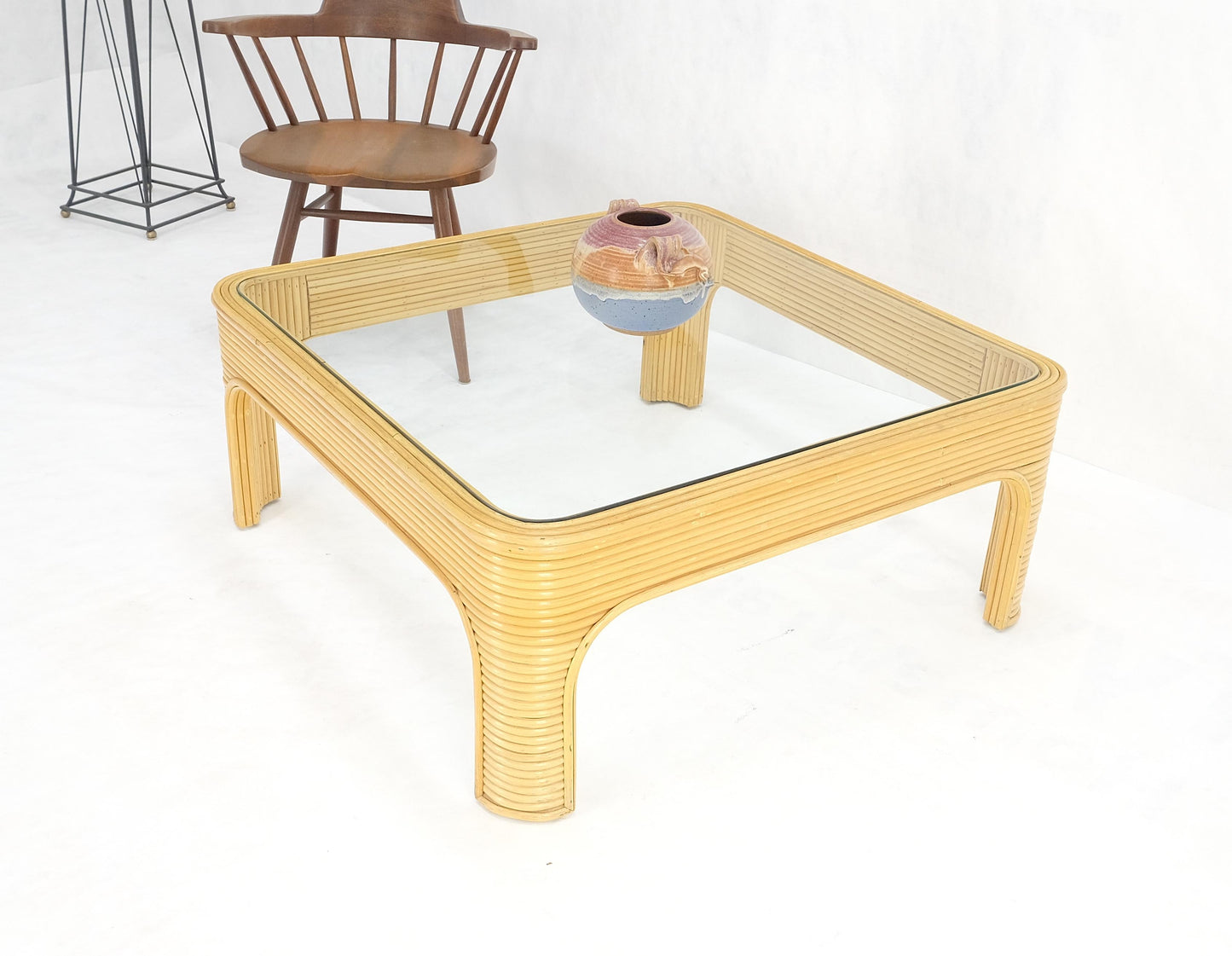 Blond Rattan Bamboo Rounded Corners Square Glass Top Coffee Table 1970's Frankl