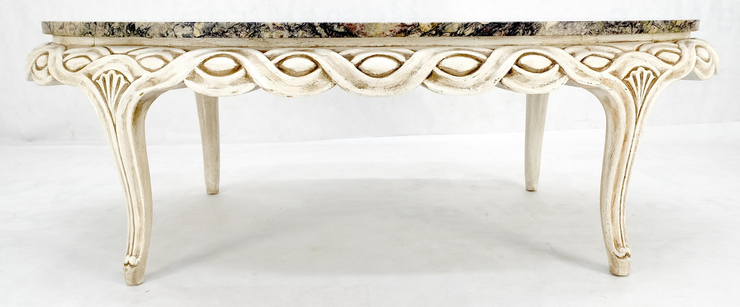 Braided Bezel Oval Marble Top White Pickle Finish French Provincial Coffee Table