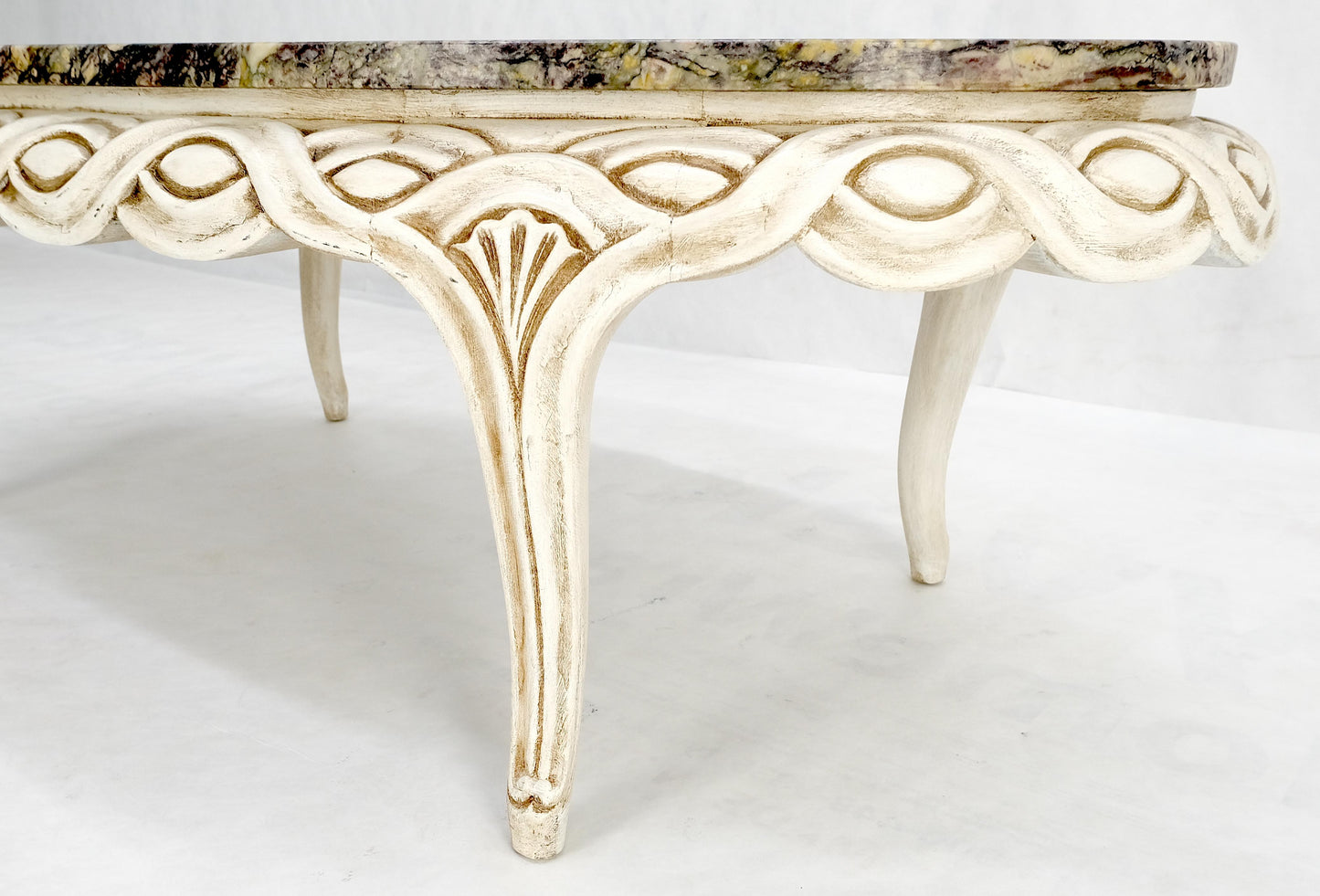 Braided Bezel Oval Marble Top White Pickle Finish French Provincial Coffee Table