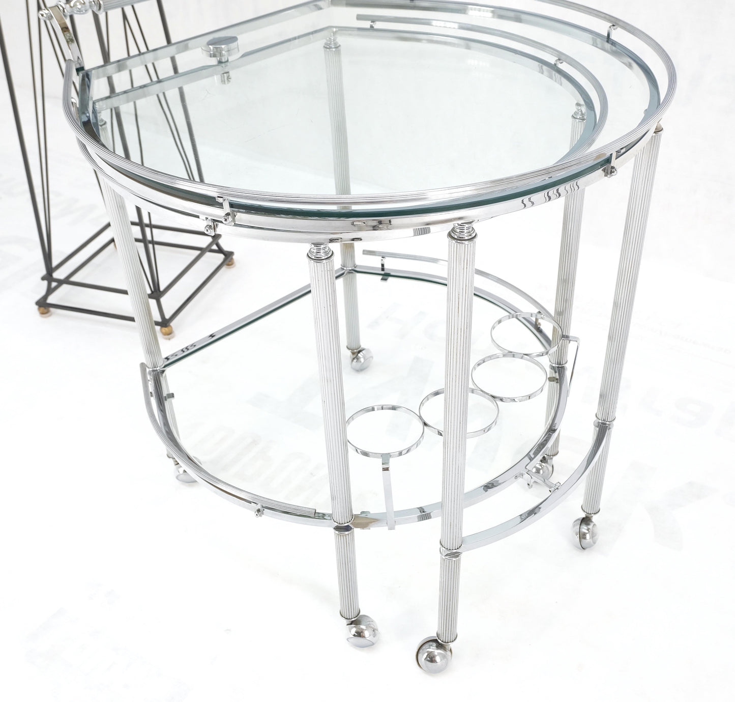 Round Chrome Mid-Century Modern Bauhaus Glass Top Serving Cart on Wheels Mint!