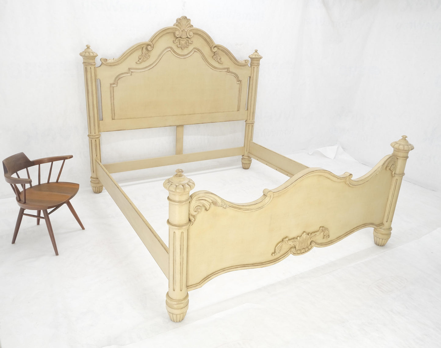 White Wash Pickled Finish Carved Spanish Colonial King Size Bed Headboard MINT