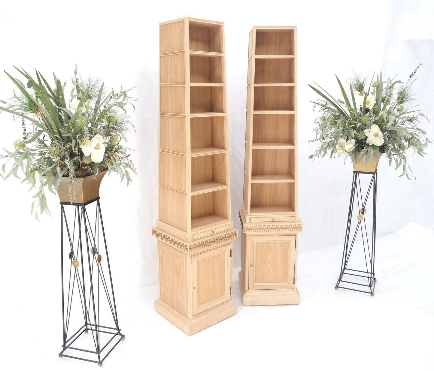 Pair New Unfinished Baker Obelisk Shape Double Sided 360 Degree Walnut Bookcases