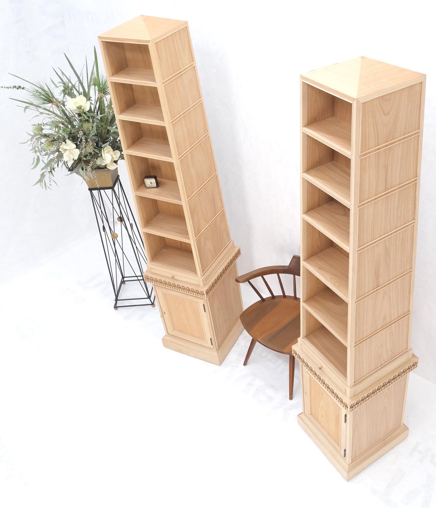 Pair New Unfinished Baker Obelisk Shape Double Sided 360 Degree Walnut Bookcases