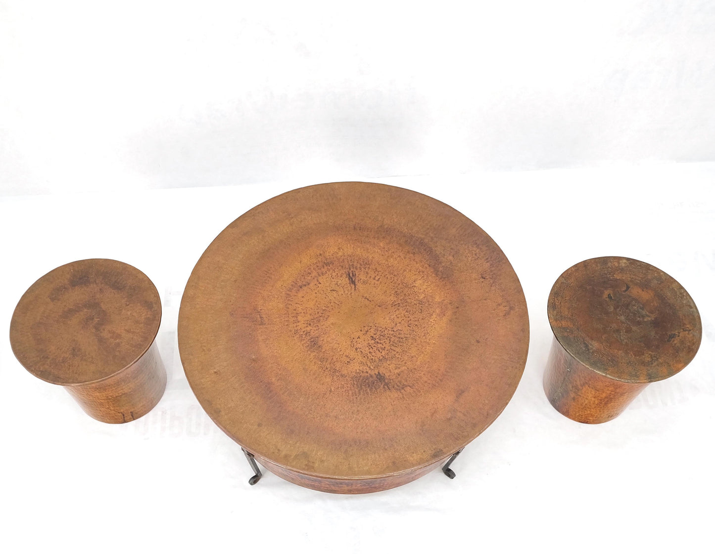 Vintage Hummered Forged Copper & Iron Round Coffee Table & Pair of Stools Seats