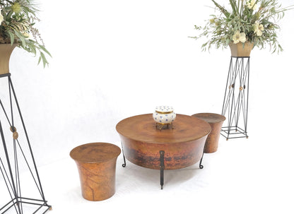 Vintage Hummered Forged Copper & Iron Round Coffee Table & Pair of Stools Seats