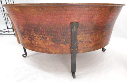 Vintage Hummered Forged Copper & Iron Round Coffee Table & Pair of Stools Seats