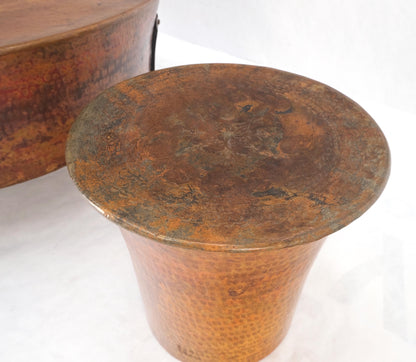 Vintage Hummered Forged Copper & Iron Round Coffee Table & Pair of Stools Seats