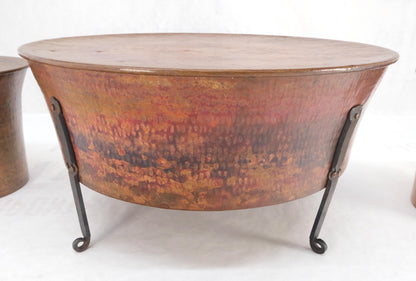 Vintage Hummered Forged Copper & Iron Round Coffee Table & Pair of Stools Seats