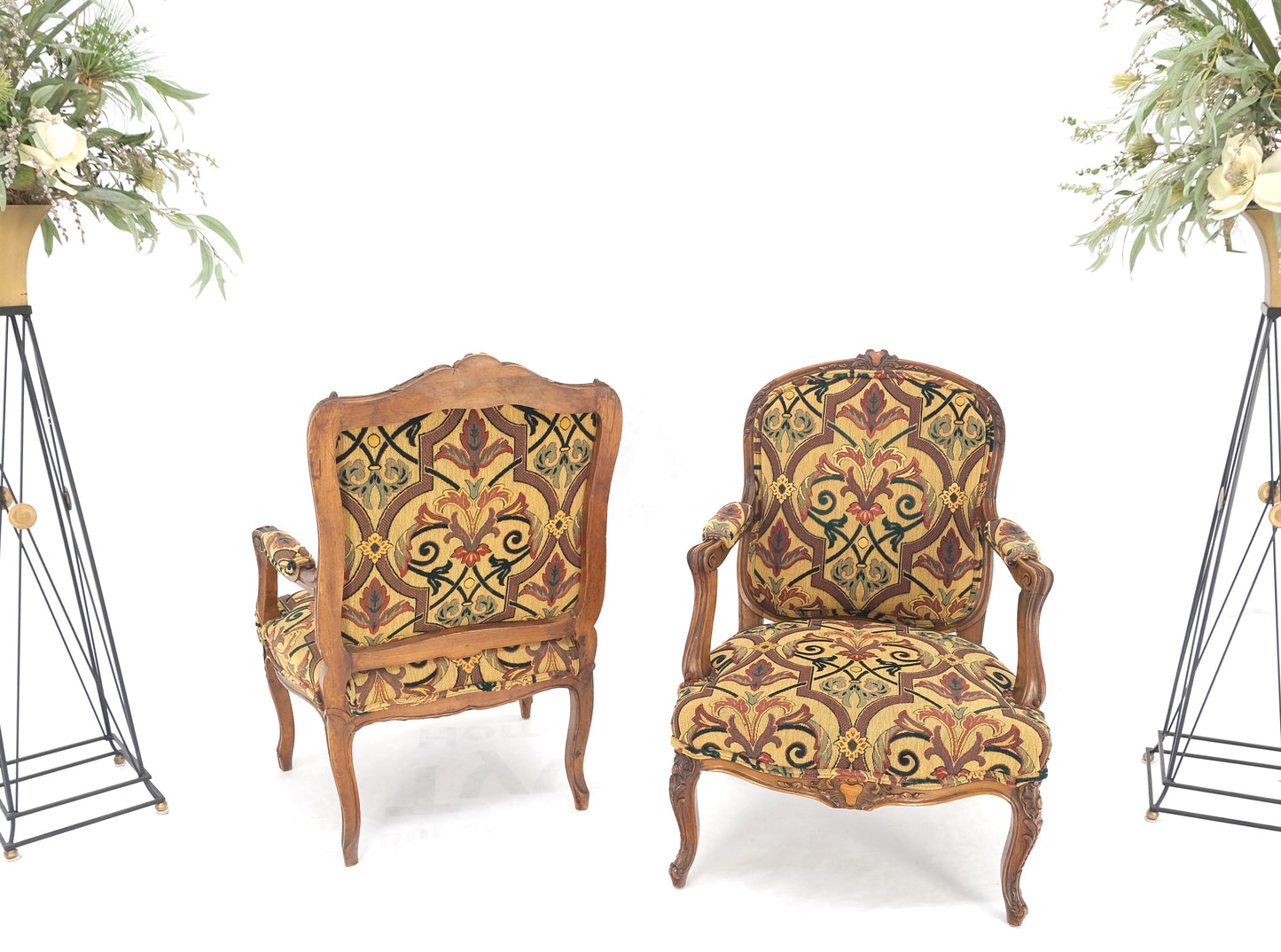 Pair of His & Hers Finely Carved Walnut Country French Lounge Armchairs Tapestry