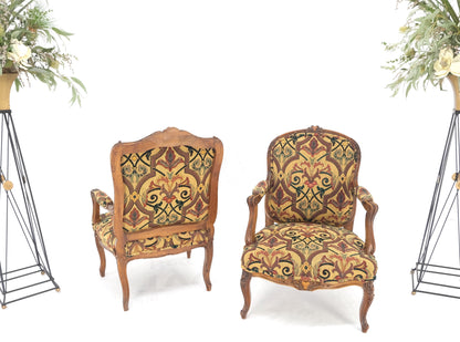 Pair of His & Hers Finely Carved Walnut Country French Lounge Armchairs Tapestry