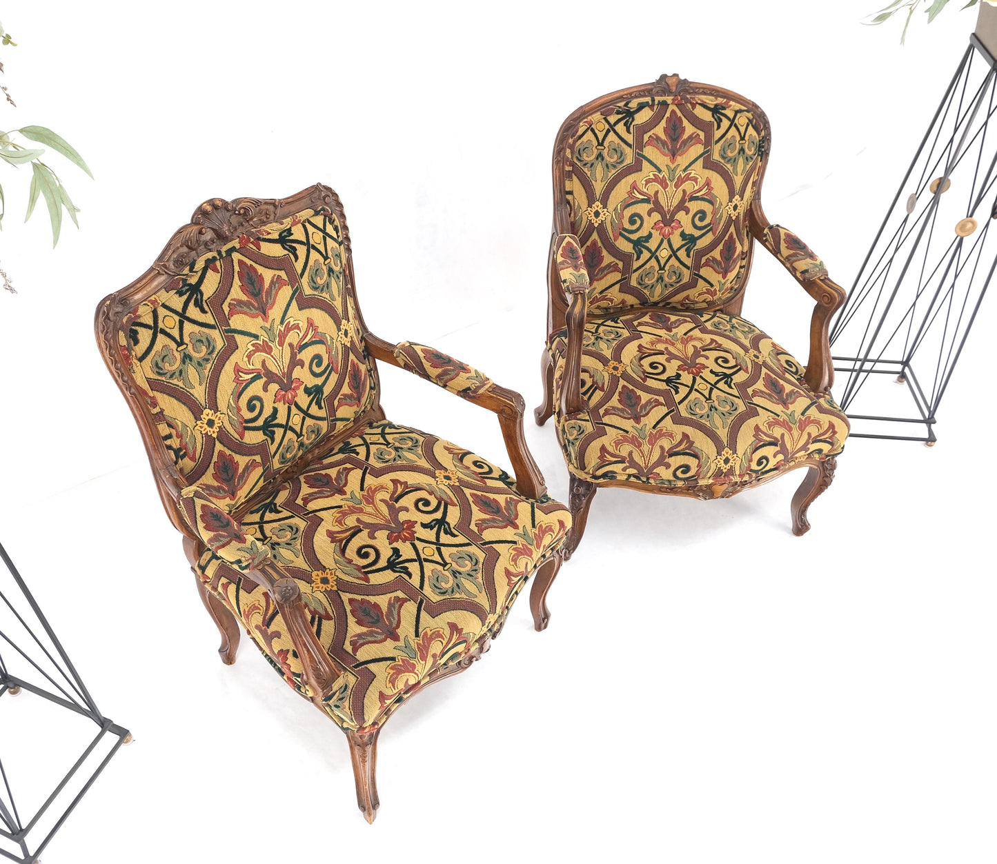 Pair of His & Hers Finely Carved Walnut Country French Lounge Armchairs Tapestry