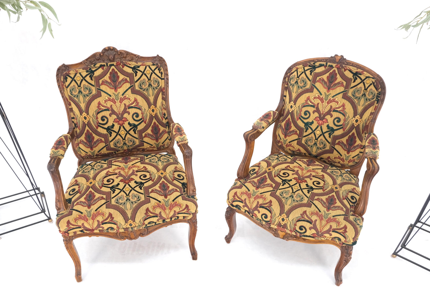 Pair of His & Hers Finely Carved Walnut Country French Lounge Armchairs Tapestry