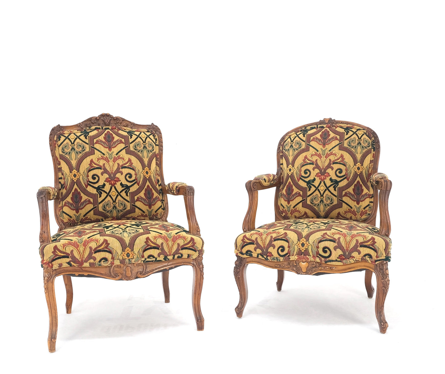 Pair of His & Hers Finely Carved Walnut Country French Lounge Armchairs Tapestry