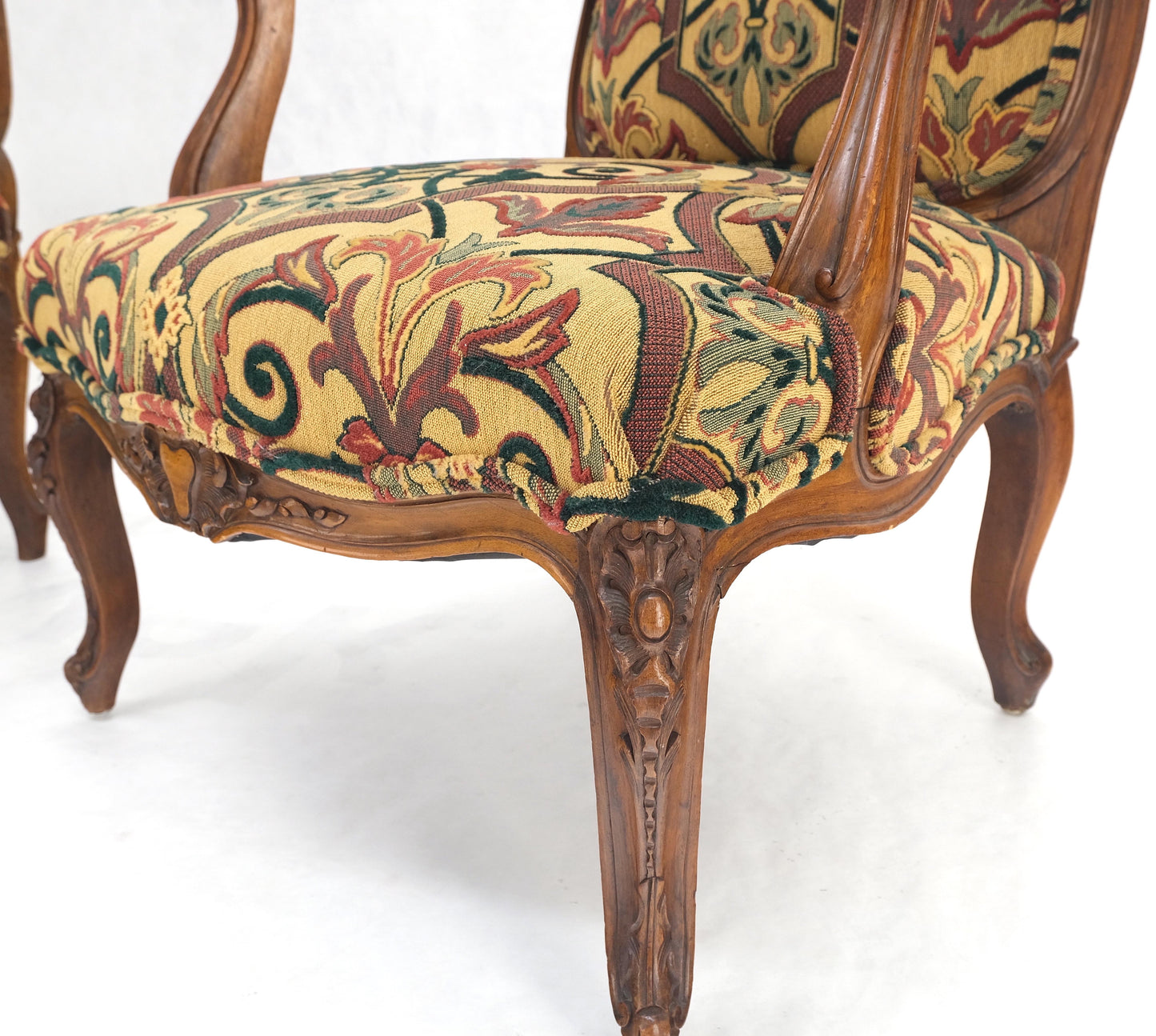 Pair of His & Hers Finely Carved Walnut Country French Lounge Armchairs Tapestry