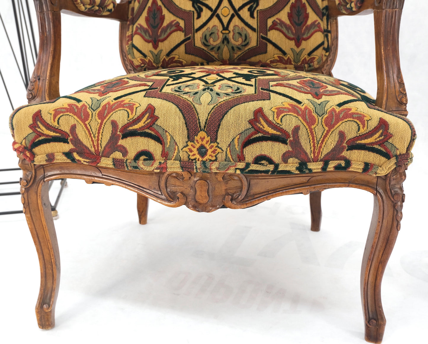 Pair of His & Hers Finely Carved Walnut Country French Lounge Armchairs Tapestry