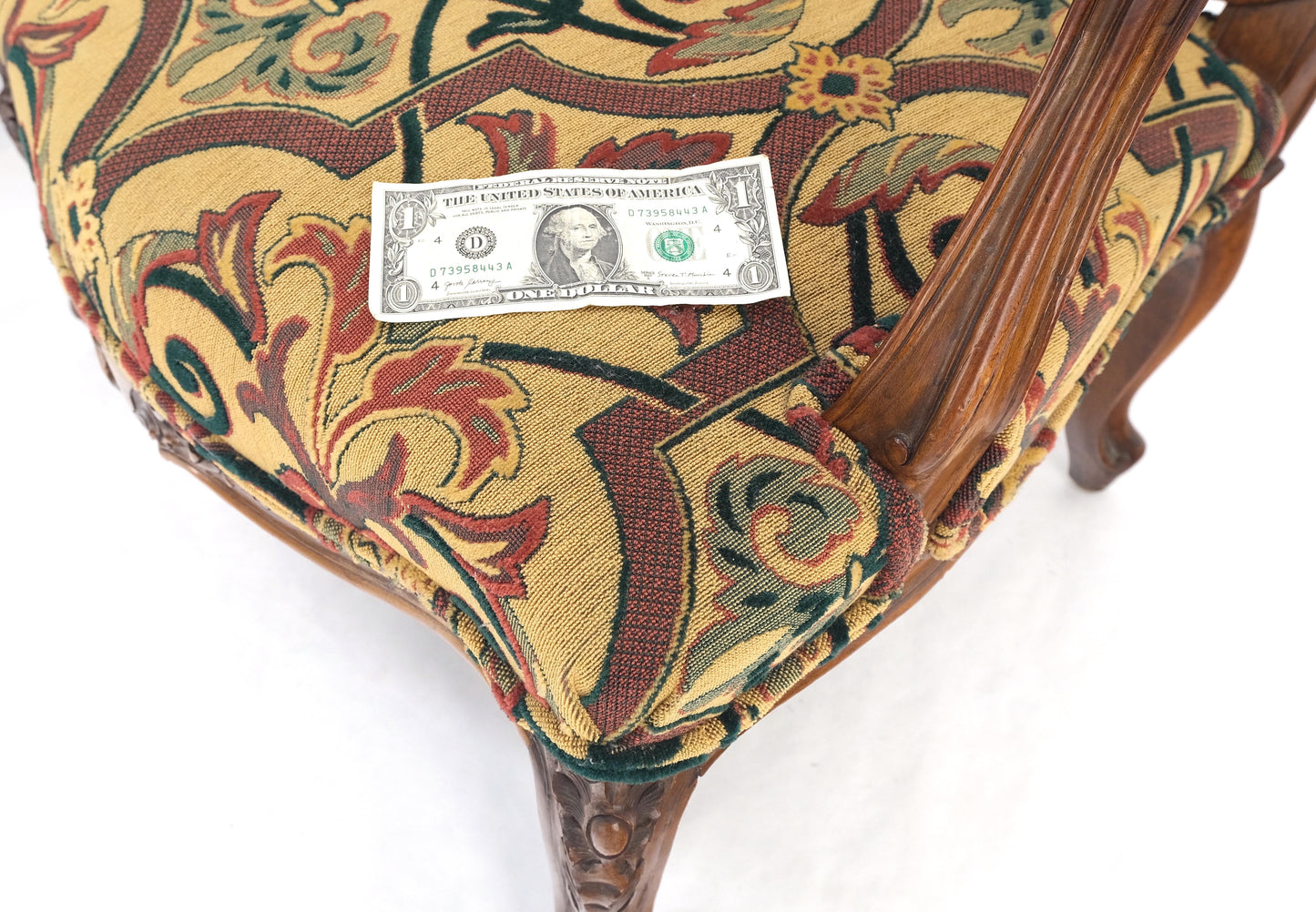 Pair of His & Hers Finely Carved Walnut Country French Lounge Armchairs Tapestry