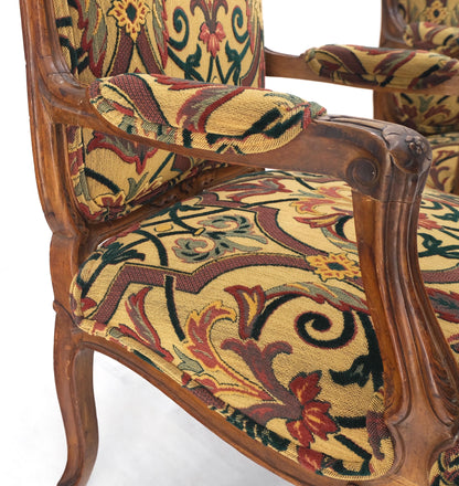 Pair of His & Hers Finely Carved Walnut Country French Lounge Armchairs Tapestry