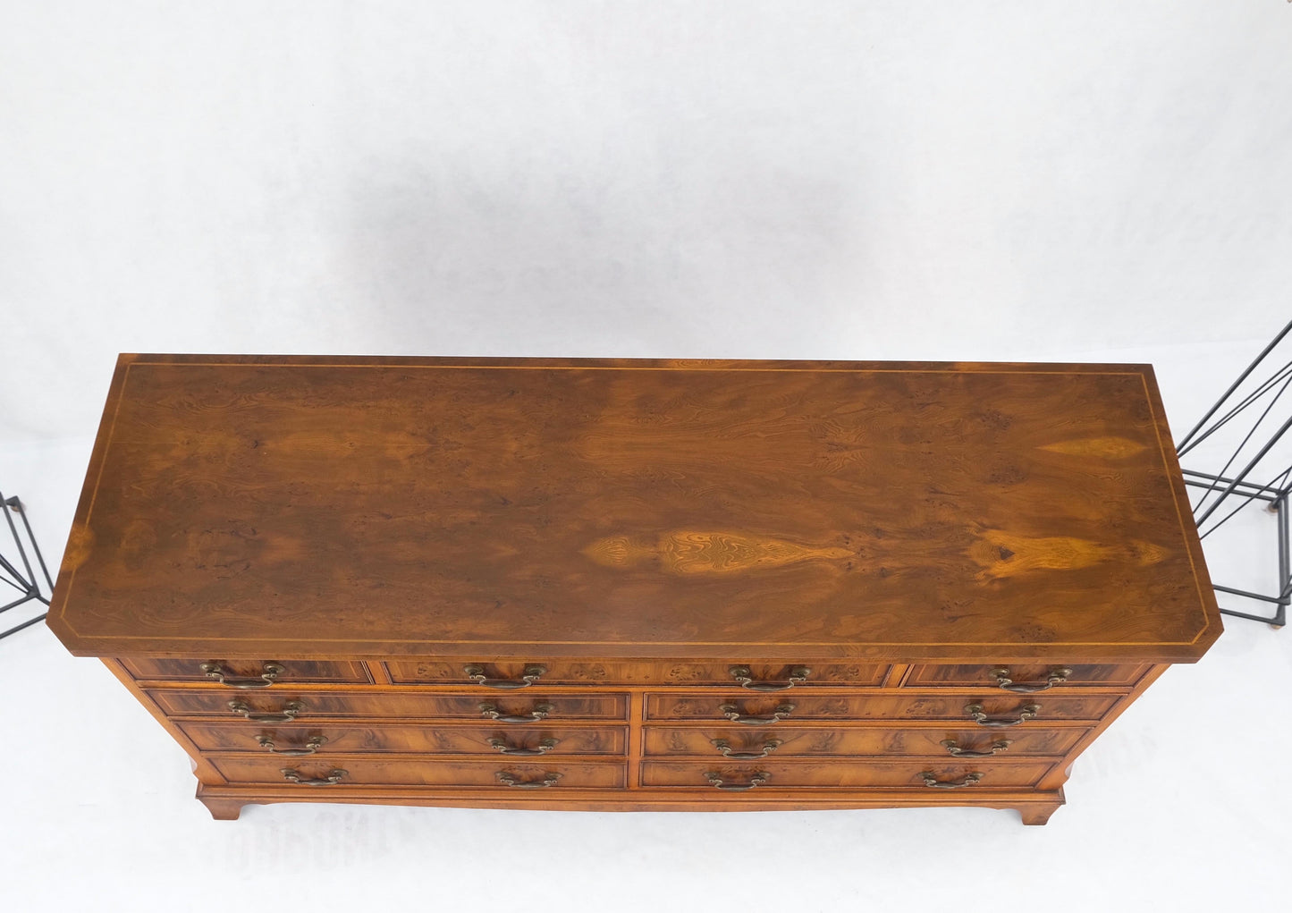 Yew Wood Long 9 Drawers Long Pencil Inlaid Dresser Credenza Brass Drops MINT!